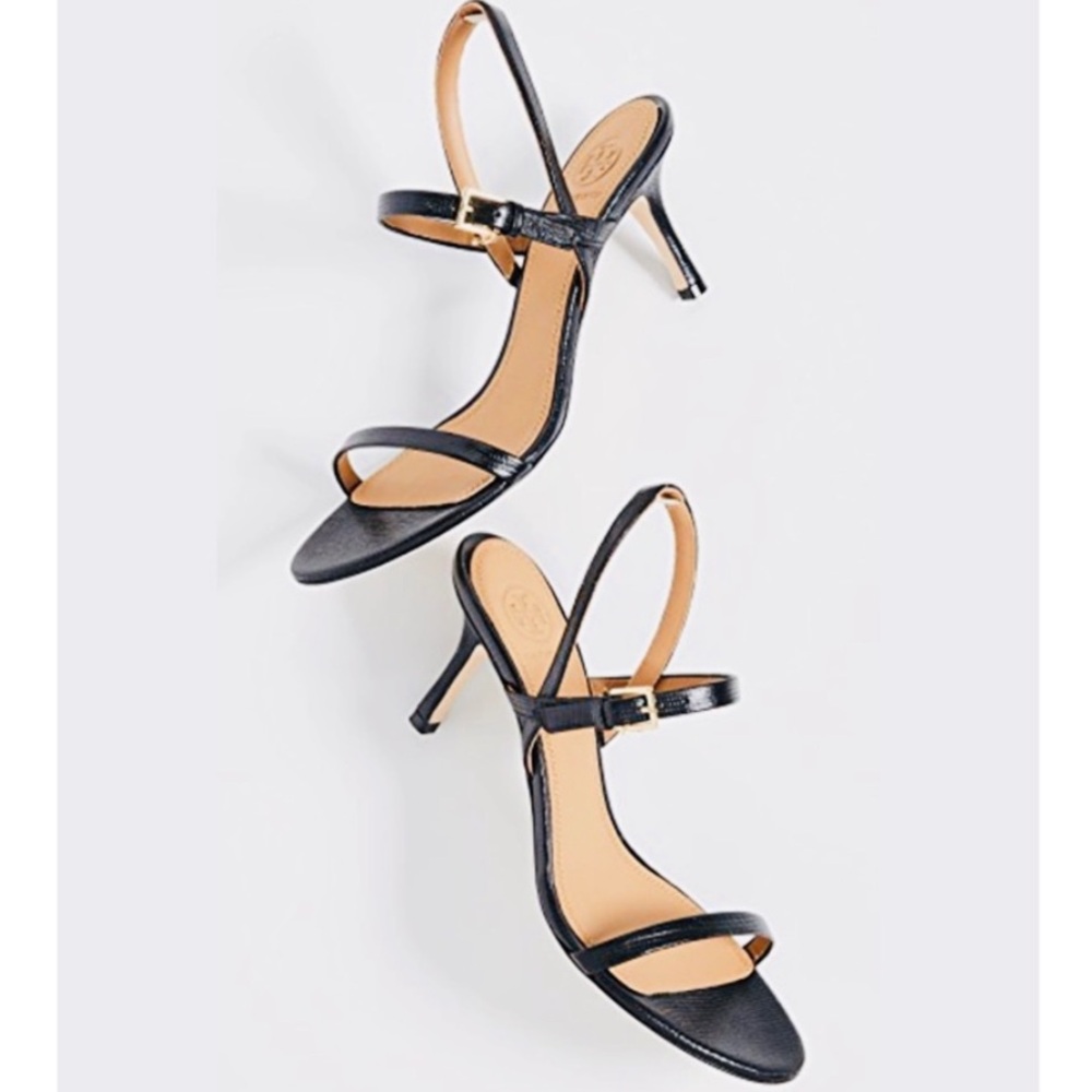 Tory Burch Penelope Black Signature Gold Logo Charm Leather Slingback Heel 10
